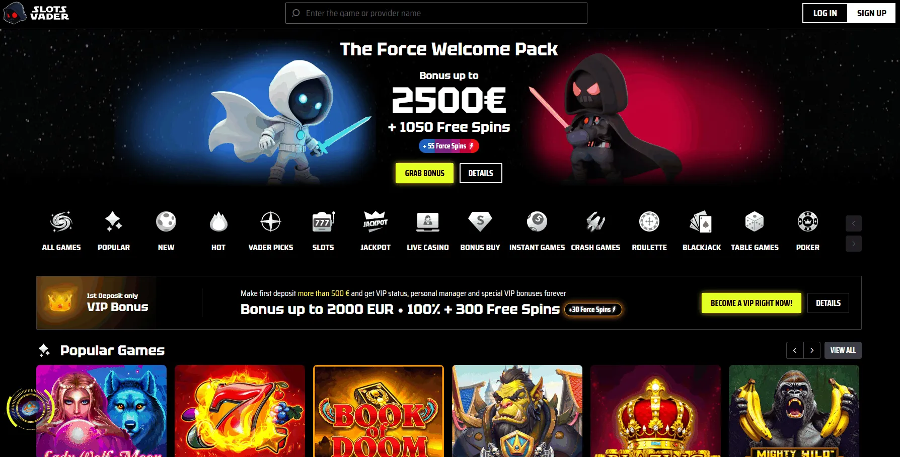 SlotsVader EU online casino homepage