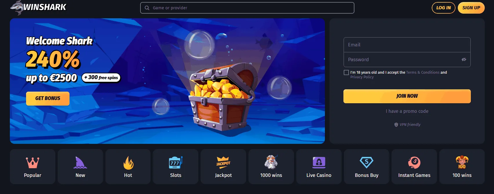 Winshark EU online casino homepage