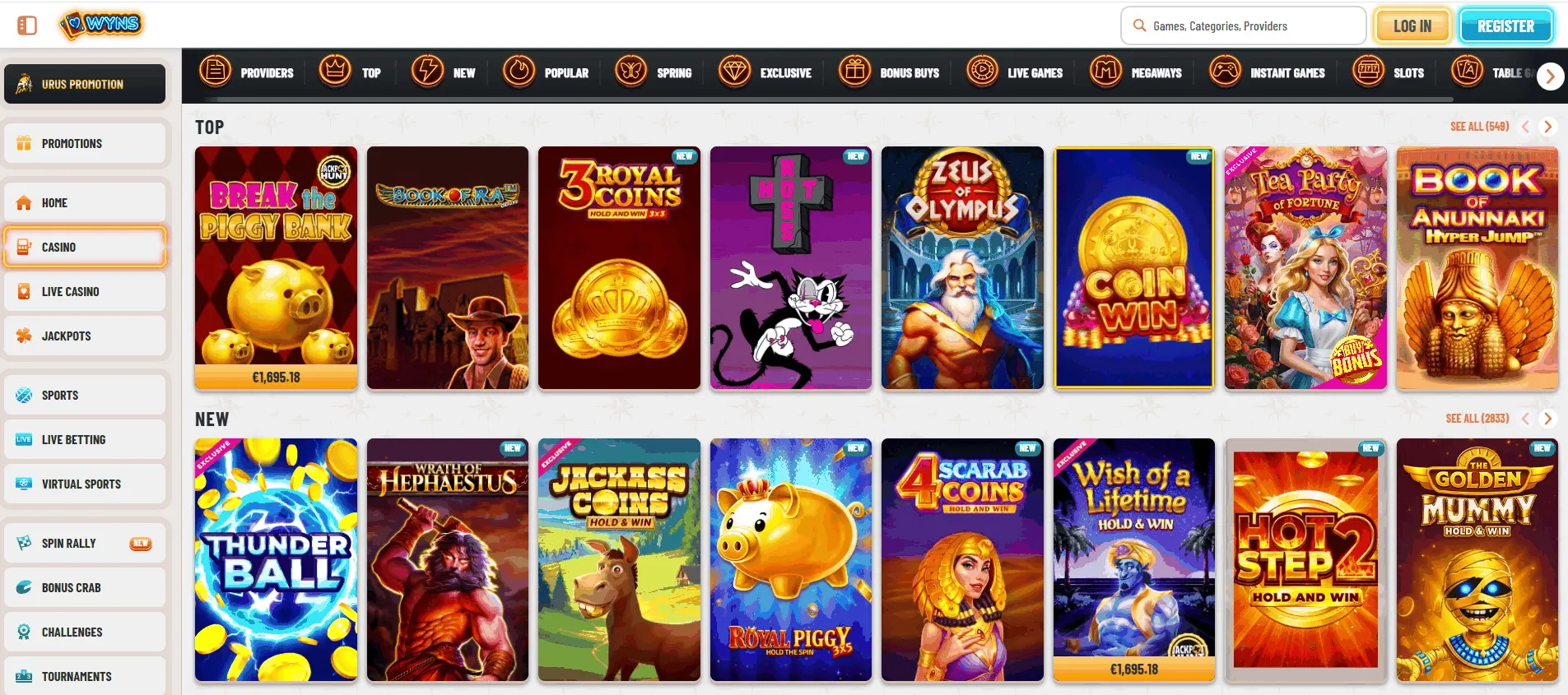 Wyns EU online casino homepage